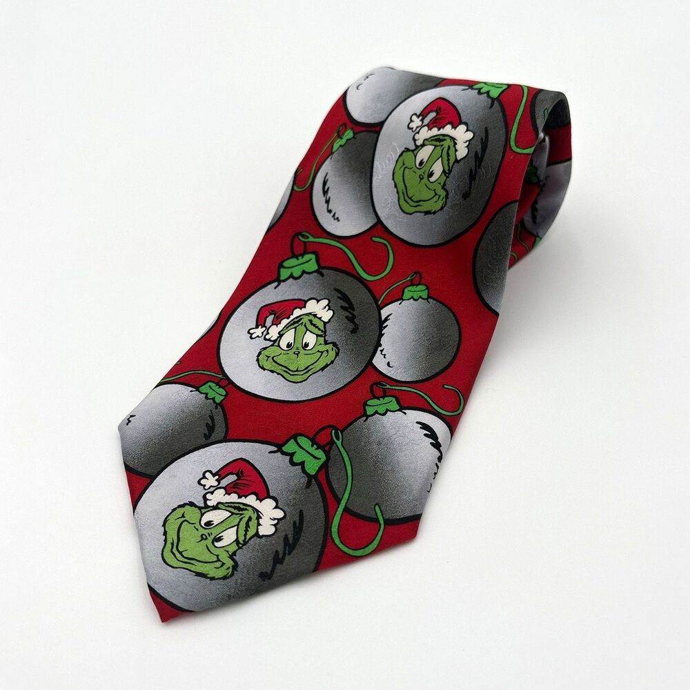 Christmas Seuss Wear Men's Grinch Classic Holiday 100% Silk Woven Tie Red/Gray